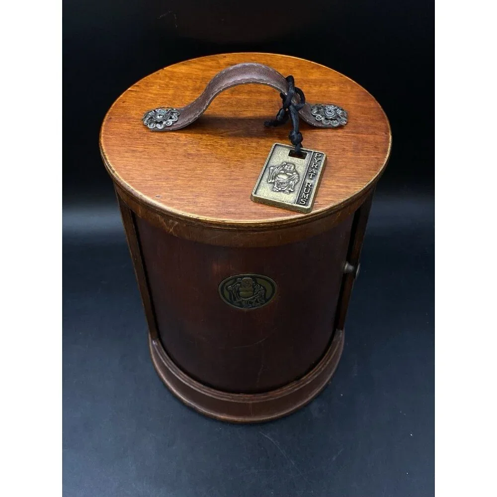 Pyrat Rum Decanter Bottle XO Buddha Wooden Box Roll Door Display Handle Badge
